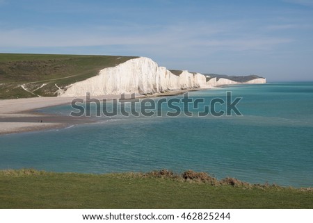 Seven sisters cliffs from afar with grass foreground