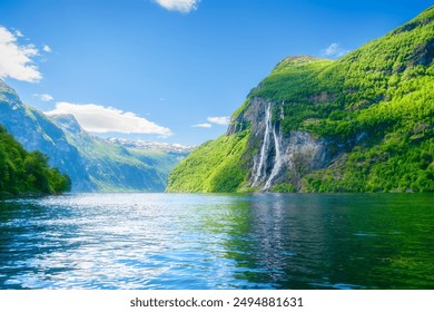 Seven Sisters Waterfall, Geiranger Fjord, Norway. Nature in fjords. Panoramic view. Traveling on a Norwegian fjord. Scandinavia. Vacation and travel in summer Norway. - Powered by Shutterstock