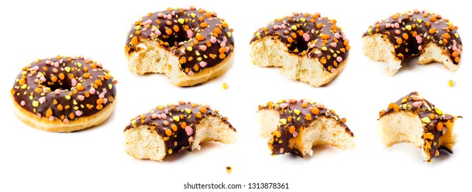 seven stages of Chocolate donut biting on white background. Delicious Donut with Bite Missing Isolated - Powered by Shutterstock