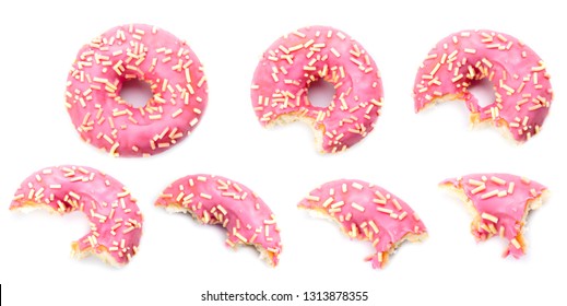 seven stages of pink donut biting on white background. Delicious Donut with Bite Missing Isolated