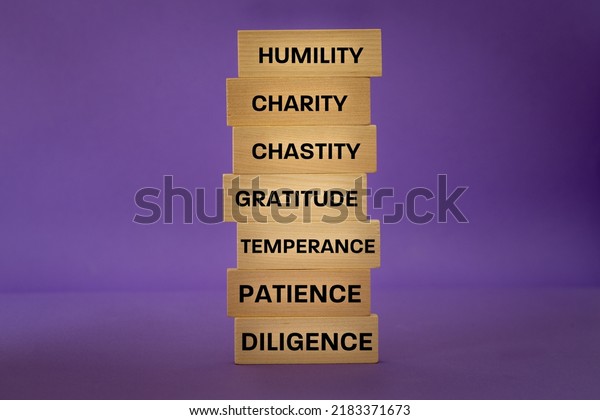 seven\
virtues according to the Christian faith, written on wooden\
tablets, purple background, Concept of values and principles of\
faith, Counterweight to the seven deadly\
sins