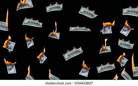 Several 100 dollar bills, falling down, burn on a black background. The concept of bankruptcy, depreciation, devaluation, wastefulness and waste of money. Isolated.