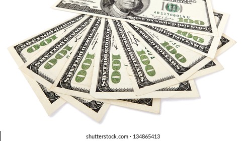 Several 100 US$ Money Notes Spread Out In Fan Shape, Isolated On White Background.