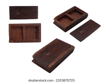 Several angle views of an old tiny wooden box with a sliding lid frame .This small box made from a Red Sandalwood stem (Pterocarpus Santalinus) was used to store Ayurvedic ingredients