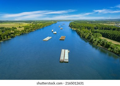 Several Barges On The Danube Aerial View