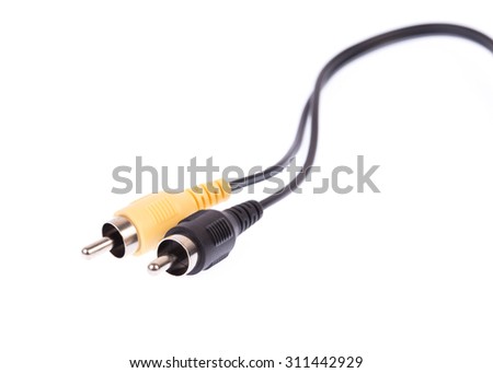 Several cables with RCA connectors for audio and video isolated on white background.