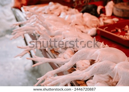 Several chickens that have been skinned and ready to be sold to customers at the Warung Jambu traditional market, Indonesia. Bogor, 6 April 2024.
