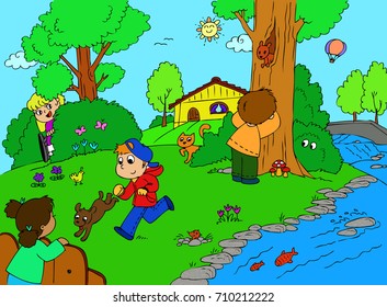 Several children playing hide and seek in the countryside, one of them in on wheelchair illustration.