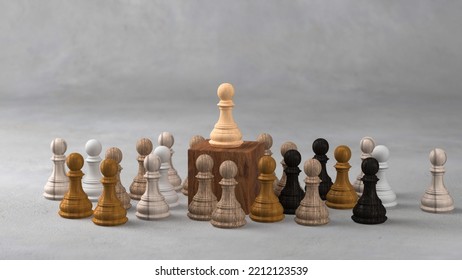 Several Colourful Chess Pieces Surround Another Yellow Chess Piece Standing On A Wooden Block, A Leadership Concept In An Organization That Requires An Inclusive Leader Who Is Humble