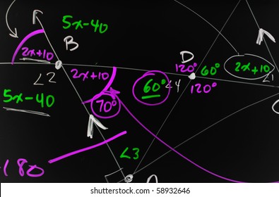 Several complex mathematical formulas, equations, and geometry written on a smooth black board.
