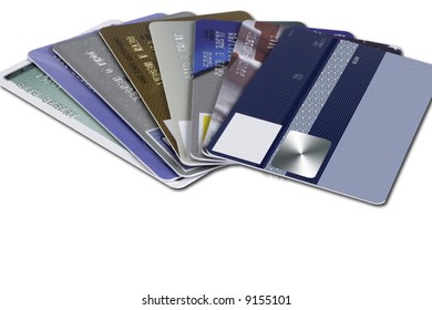 Several Credit Cards Shot Fanned Out With The Top Card Blank.