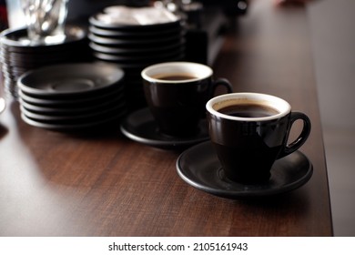 Several Cups Of Long Black Coffee On The Barista Table. Food Background