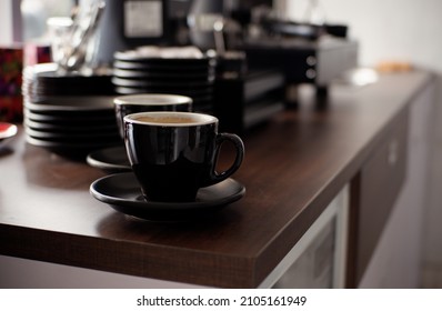 Several Cups Of Long Black Coffee On The Barista Table. Food Background