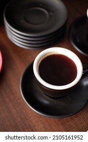 Several Cups Of Long Black Coffee On The Barista Table. Food Background