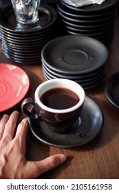 Several Cups Of Long Black Coffee On The Barista Table. Food Background