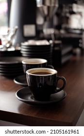 Several Cups Of Long Black Coffee On The Barista Table. Food Background