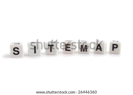 Several dices with characters show the word sitemap. All isolated on white background.