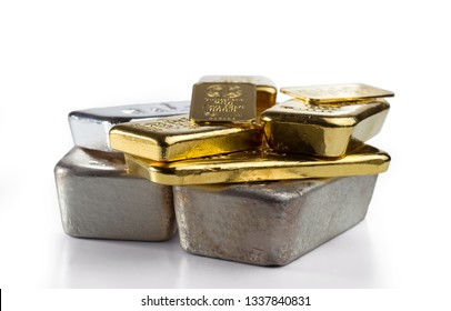 Several Different Gold And Silver Bullion. Isolated On White Background.