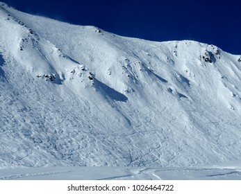 The Several Double Black Diamond Runs At Lake Louise Ski Slope, Canadian Rockies