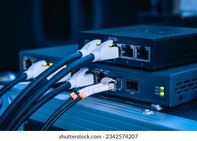 Several ethernet cables linked to a network router for establishing an internet connection