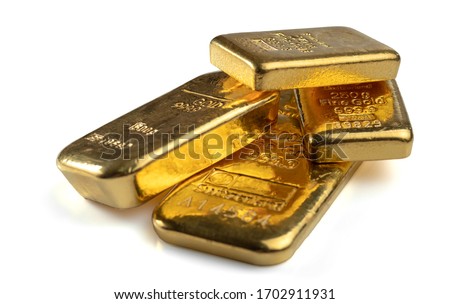 Several gold bars of different weight isolated on a white background.
