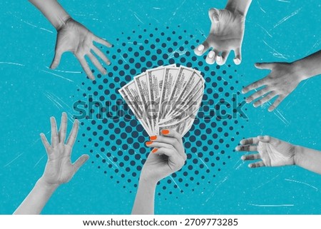 Several hands reach out eagerly towards a stack of cash held by one hand. The colorful background highlights the theme of financial aspiration and competition.
