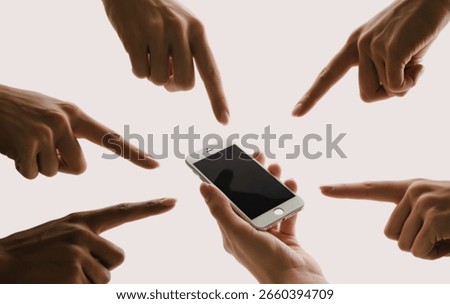 Several hands are shown from different angles, all pointing their index fingers towards a white smartphone being held in another person's hand against a white background.