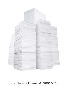 Several high stacks of paper isolated on white background