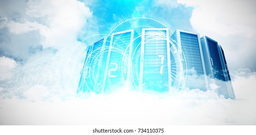 Several interface dial with numbers in dark blue background with light blue radiance  against servers in the clouds