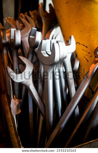 Several large
spanners are set up and ready to
use.