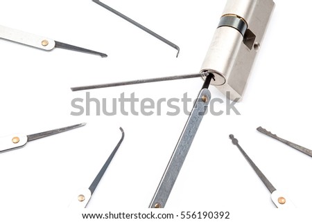 several lockpicking to open a lock on a door
