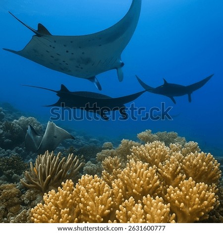several manta rays gracefully gliding above a thriving coral reef in clear ocean waters
