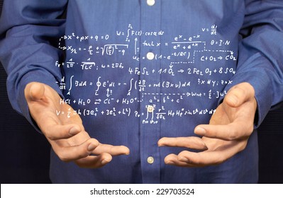 Several mathematical formulas float above two hands.
