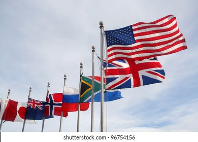 Several national flags waving