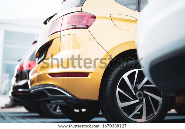 \
several new cars\
in front of a car\
dealership