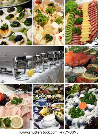 several pictures of a cold buffet
