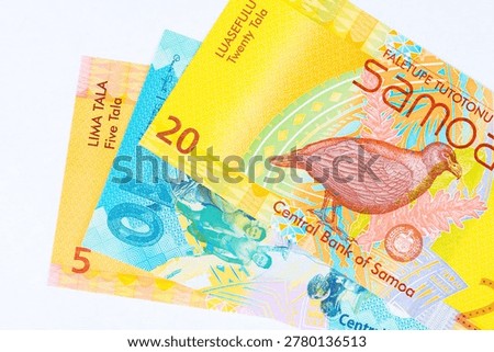 Several polymer banknotes from Samoa are including five tala, ten tala, twenty tala, issued by Central Bank of Samoa