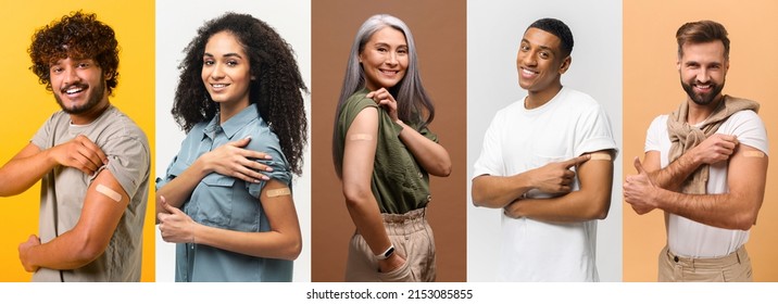 Several portraits in collage with diverse people after vaccination, happy multiracial people showing arms with band-aids after injection, pandemic control company, banner - Powered by Shutterstock