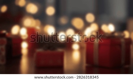 Several red gift boxes are arranged on a surface with a warm bokeh light effect in the background, creating a festive holiday atmosphere.