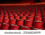 Several red theater seats, with symmetrical framing between the chairs.