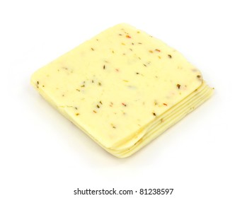 Several Slices Pepper Jack Cheese On A White Background.