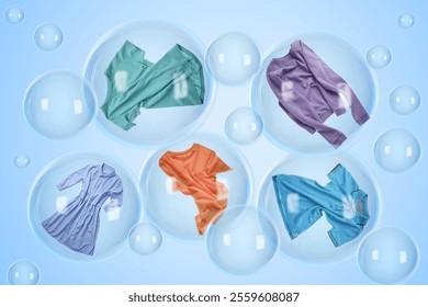 Several soap bubbles with clothes inside and empty ones floating on light blue background. Laundry day