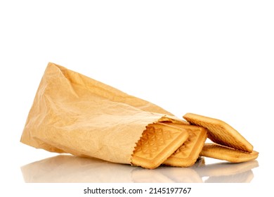 Several Sugar Cookies With A Paper Bag, Macro, Isolated On A White Background.