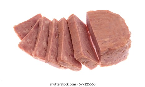 Several Thick Slices Of A Whole Canned Ham Isolated On A White Background.