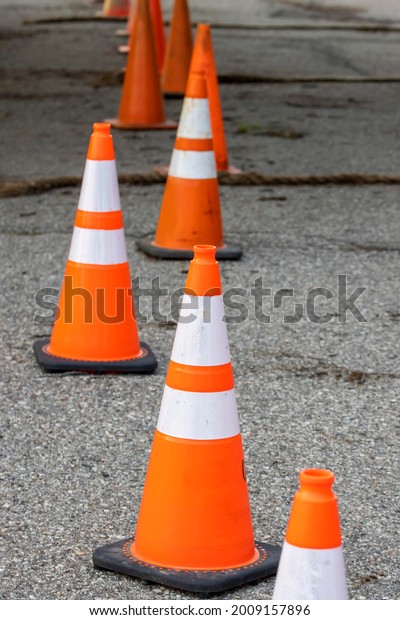 Several traffic\
cones at the construction\
site