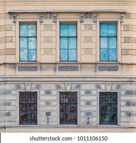 Several Windows In A Row On The Facade Of The Urban Historic Building Front View, Saint Petersburg, Russia