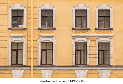 Several Windows In A Row On Facade Of The Urban Office Building Front View, St. Petersburg, Russia
