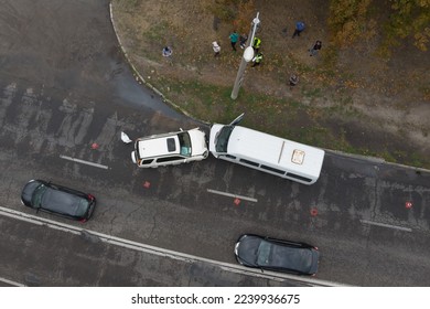 Severe accident. Car accidents. View from above. Accident, head-on collision of two cars. Violation of traffic rules, insured event. Drone photography. - Shutterstock ID 2239936675