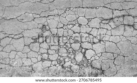 Severe Alligator Cracking Texture on Asphalt Road. Monochrome Grunge Background of Damaged Pavement. Aged and Broken Concrete Surface Detail