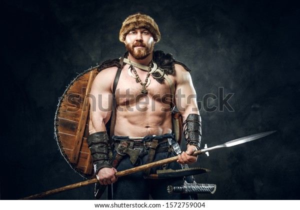 Severe Barbarian Warrior Clothes Posing On Stock Photo 1572759004 ...